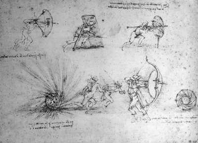 Estudio con Escudos para Soldados de Infantería y una Bomba Explosiva, c.1485-88 de Leonardo da Vinci